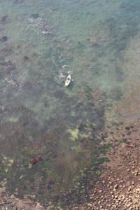 a boat floating in the water near the shore at Ocean Front Condo @ Las Olas Grand in Rosarito