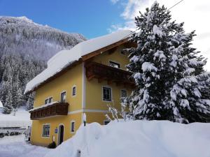 a yellow house with a snow covered tree in front of it at Haus Anika Ferienwohnung in Mallnitz
