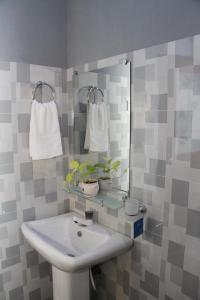 ein Bad mit einem Waschbecken und einem Spiegel in der Unterkunft Sigiri Enaya Cottage in Sigiriya