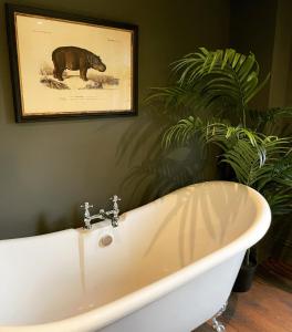 a bath tub in a bathroom with a picture of a bear at No.123 The Old Post House in Scalby