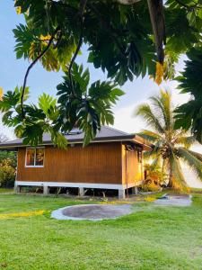 a wooden house with a palm tree in front of it at O'coco Bungalow in Paea