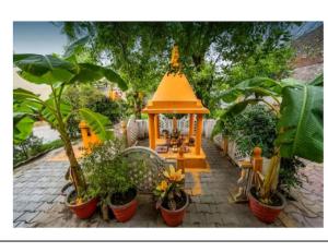 a small gazebo in a garden with plants at Mridul Homestay Orchha, Madhya Pradesh in Orchha