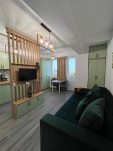 een woonkamer met een bank en een flatscreen-tv bij Green Residence in Suceava