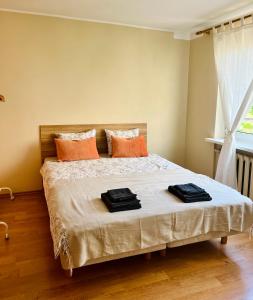 1 dormitorio con 1 cama con 2 toallas en Lakeview Retreat in Vievis en Vievis