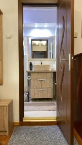 een badkamer met een wastafel en een grote spiegel bij Bretsara in Bistriţa