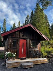 a small cabin with a red door and a table at Stuga i Transtrand in Transtrand