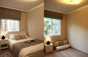 two pictures of a bedroom with a bed and a window at Jeju Dasom in Seogwipo