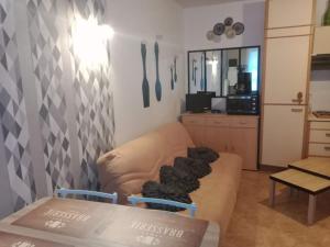 ein Wohnzimmer mit Sofa und Tisch in der Unterkunft CAUTERETS Appartement F 2 vue sur montagne in Cauterets