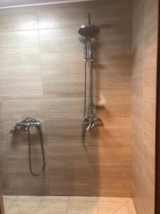 a bathroom with a shower with a shower head at Pensiunea Crețișoara in Câmpulung