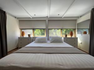 a bedroom with a large bed and two windows at Reginas Apartments in Ixia