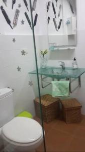 a bathroom with a toilet and a sink and a mirror at La Casina de Carcaboso in Carcaboso