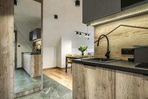 Kuchyň nebo kuchyňský kout v ubytování Szlakami 5 Dolin - apartamenty obok Doliny Strążyskiej - sauna i parking GRATIS!