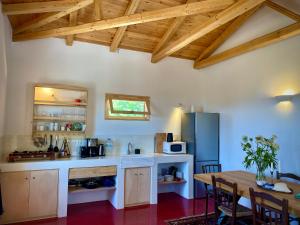 eine Küche mit einem Tisch und einem Kühlschrank in der Unterkunft Lichada Villas in Likhás + 37 Fotos