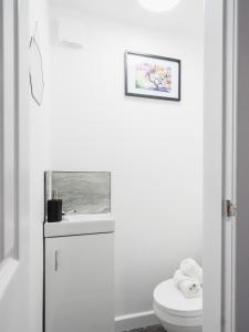 ein weißes Badezimmer mit Toilette und Waschbecken in der Unterkunft Comfy Spacious Home Near Preston City Centre - Sleeps 6 in Samlesbury