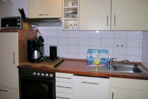 uma cozinha com um lavatório e uma bancada em Ferienwohnung De Keef em Dorum