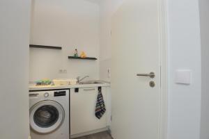 uma lavandaria com uma máquina de lavar roupa e um lavatório em Gästewohnung Milan em Suhl