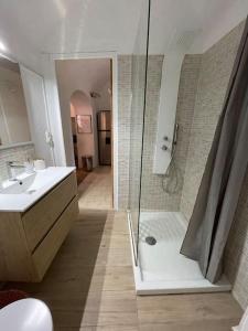 a bathroom with a shower and a sink at Magnifique gîte 75M2 avec terrasse 30m2, piscine, terrain de pétanque, et jardin en Cévennes in Meyrannes