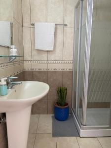 a bathroom with a sink and a shower at Green Door Getaway in Limassol