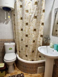 a bathroom with a toilet and a tub and a sink at Ikat Terrace in Bukhara