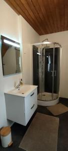 bagno con lavandino e doccia con specchio di Loge de la Saire a Gonneville
