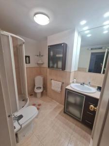 een badkamer met een wastafel, een toilet en een spiegel bij Nice and cozy flat with pool next to the beach in Albir