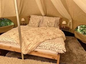 - une chambre avec un lit dans une tente dans l'établissement Hvězdný glamping, à Manětín