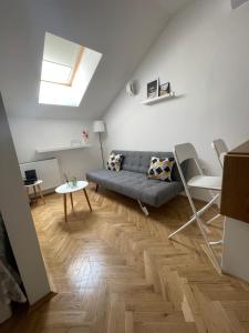 sala de estar con sofá y tragaluz en STELLA Appartment, en Novi Sad