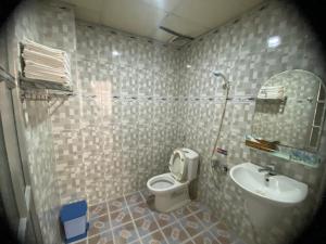 uma casa de banho com um WC, um lavatório e um espelho. em Hotel Cát Tường em La Gi