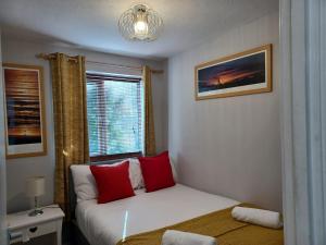 a bedroom with a bed with red pillows and a window at Huku Kwetu -The Maltings White Door-1st Floor-2 Bedroom Apartment -Self Catering-Quiet- Free Parking in Dunstable