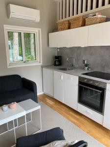 a small kitchen with white cabinets and a sink at Modern stuga med 1 sovrum och 1 sovloft med stor terrass och vedeldad bastu mitt på Österlen in Smedstorp +20 photos