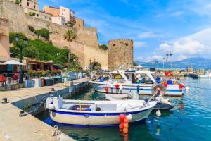 a group of boats docked in a harbor next to a castle at Hôtel Le Rocher in Calvi