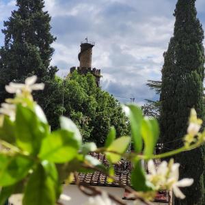 ein Gebäude in der Ferne mit Bäumen im Vordergrund in der Unterkunft Apartment San Frediano in Florenz