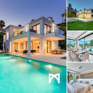 een collage van foto's van een huis en een zwembad bij VACATION MARBELLA I Villa Monte Halcones, Private-Pool, Brand-New, Incredible Views, Near Golf Valley in Benahavís