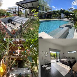 a collage of photos of a house and a swimming pool at Mestiza Hospedaje familiar in Quimbaya