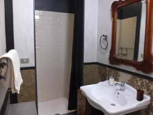 uma casa de banho com um lavatório e um chuveiro com um espelho. em La Meridiana d'Alba em Alba