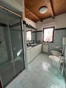 a bathroom with a shower and a toilet and a sink at Villetta Regina in Teulada