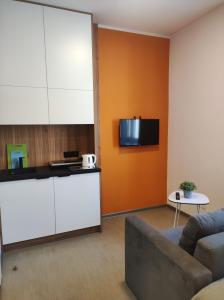 ein Wohnzimmer mit einem Sofa und einer Küche in der Unterkunft Esperanto Home in Kattowitz
