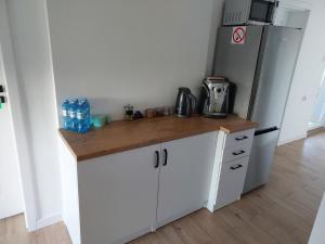 a kitchen with a counter and a refrigerator at Apartament Świerkowa in Lidzbark