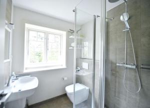 La salle de bains est pourvue d'une douche, de toilettes et d'un lavabo. dans l'établissement Südstrandidyll, à Wyk auf Föhr