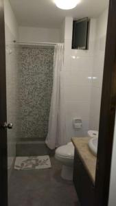 een badkamer met een douche, een toilet en een wastafel bij Miraflores centro in Lima