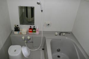 a bathroom with a tub and a toilet and a mirror at Private Inn Bambee in Kobe