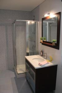 uma casa de banho com um chuveiro e um lavatório. em Charming Religious House II em Fátima