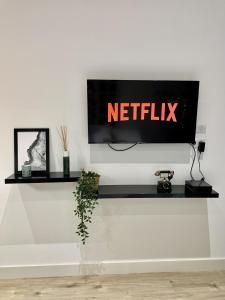 a tv on a wall with a netflix sign on it at Trés jolie Studio Hyper Centre in Troyes