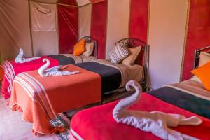 a room with three beds with swans on them at Planet Sahara Camp in Merzouga +11 photos