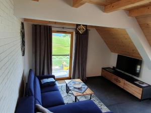 a living room with a blue couch and a tv at Luxury apartment with sauna and garden on the Czorsztyn lake in Kluszkowce