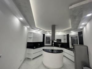 una grande cucina bianca con un lavandino rotondo di Villa Diamond a Bijeljina