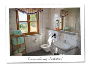 a bathroom with a toilet and a sink at Scheidlerhof in Theisseil