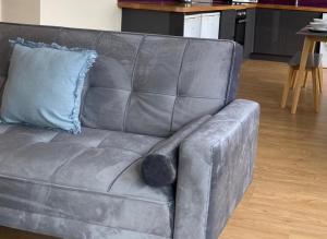 a grey couch with a cat laying on it at Alexander Apartments South Shields 3 in South Shields