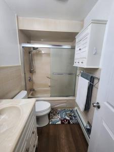 Baño pequeño con aseo y lavamanos en Cosy Modern Home Mins to NYC! en Union City