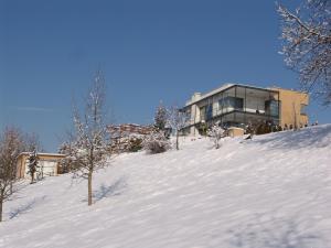 una casa en la cima de una colina nevada en Appartement Architektenhaus - Pool - Fernsicht, en Lannach